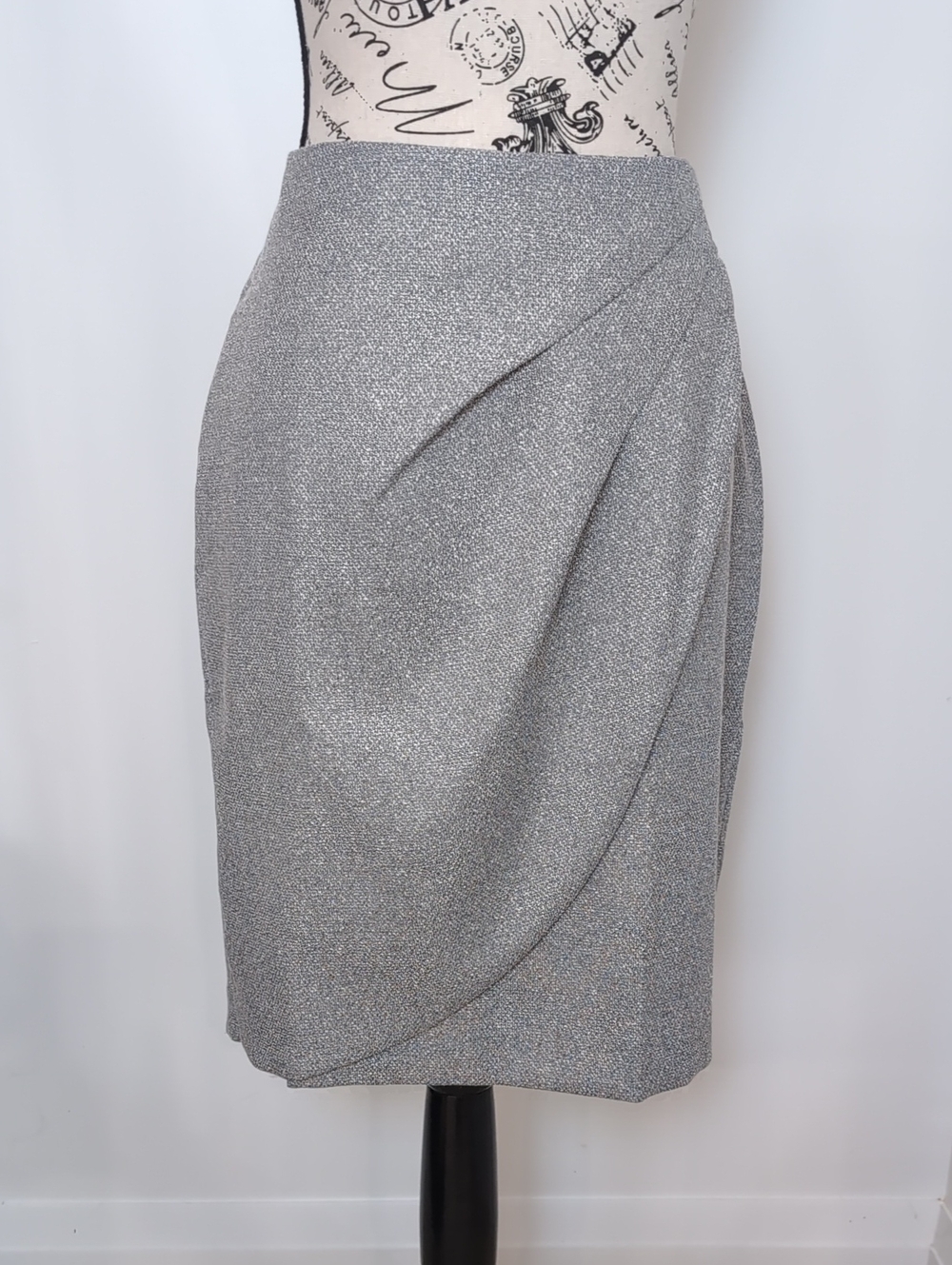 DONNA KARAN | Women's Silver Gray Draped Faux Wrap Textured Midi Pencil Skirt